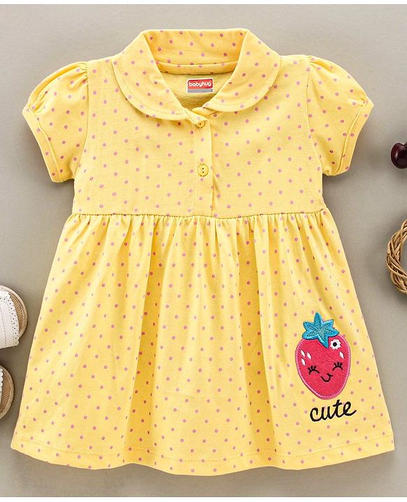 Babyhug Half Sleeves Frock Polka Dots Print - Yellow