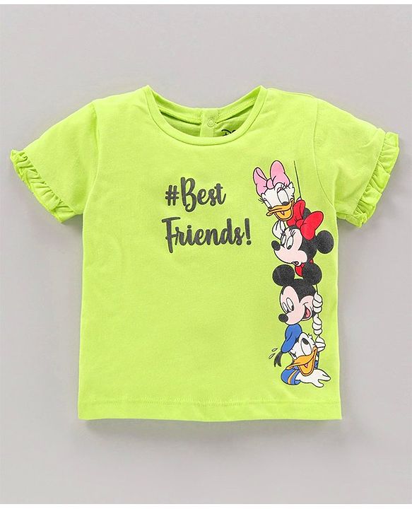 Babyhug Half Sleeves Top and Knee Length Shorts Mickey Mouse & Friends Print - Sunny Lime Pink