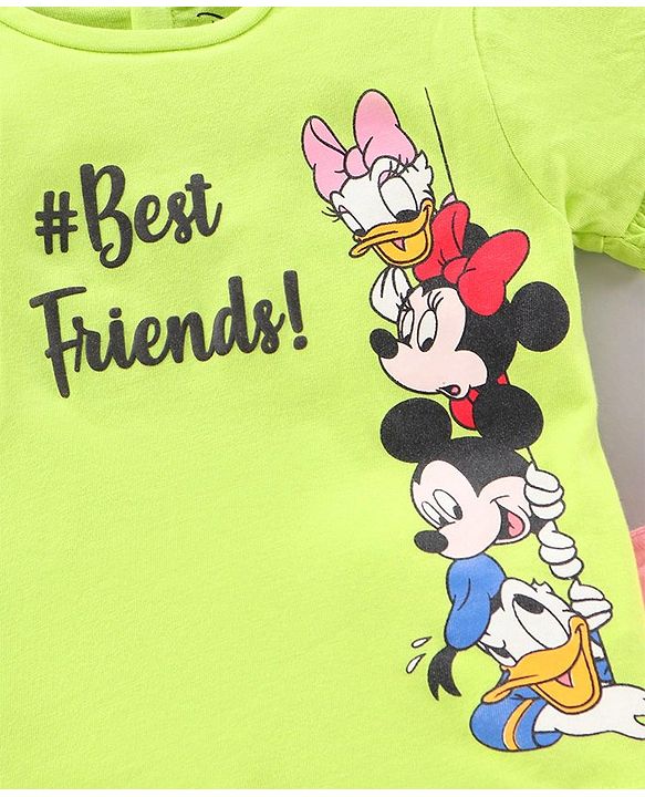 Babyhug Half Sleeves Top and Knee Length Shorts Mickey Mouse & Friends Print - Sunny Lime Pink