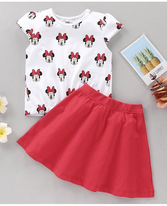 Babyhug Short Sleeves Top & Skirt Minnie Mouse Print - White Red