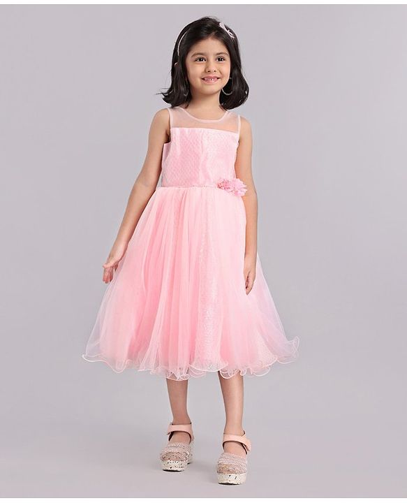Babyhug Sleeveless Fit and Flare Embellished Party Frock with Corsage - Pink