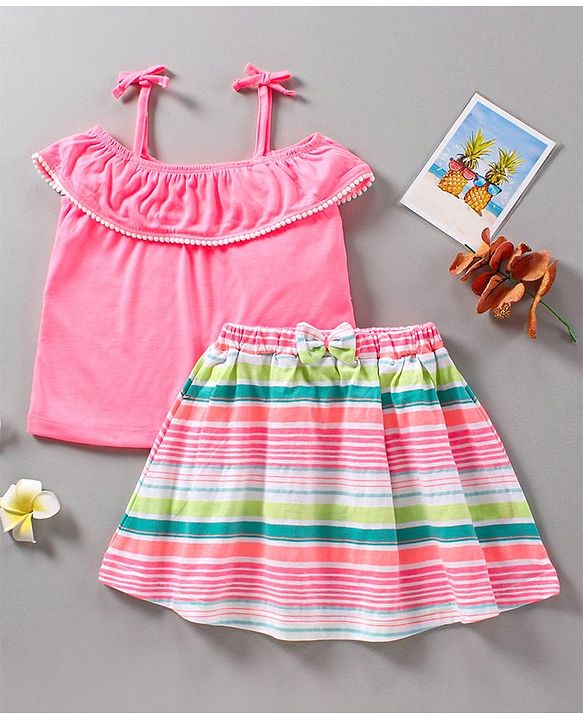 Babyhug Sleeveless Top & Striped Skirt - Pink