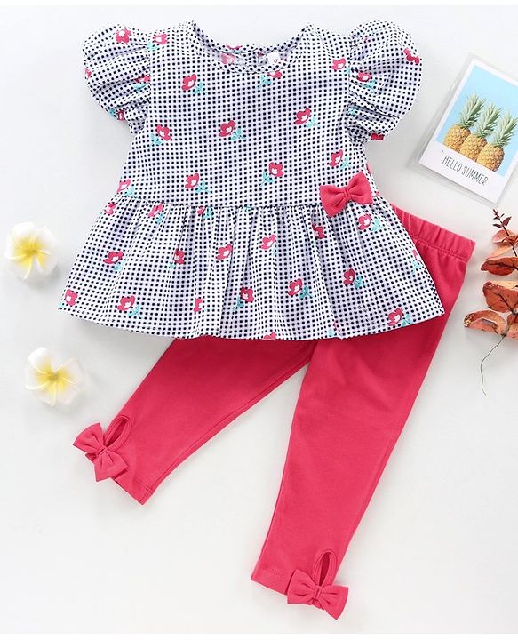 Babyhug Short Sleeves Top & Leggings Set Checks & Floral Print with Bow Applique - Pink