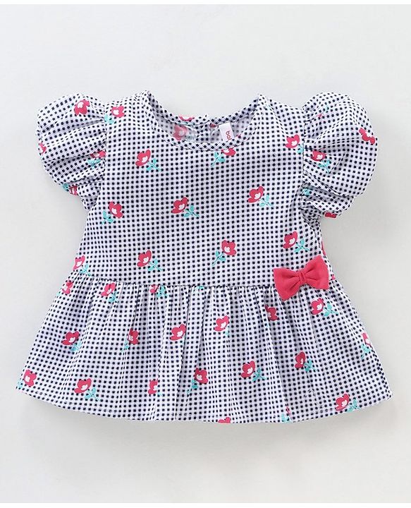 Babyhug Short Sleeves Top & Leggings Set Checks & Floral Print with Bow Applique - Pink