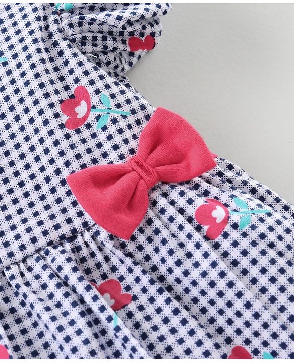 Babyhug Short Sleeves Top & Leggings Set Checks & Floral Print with Bow Applique - Pink