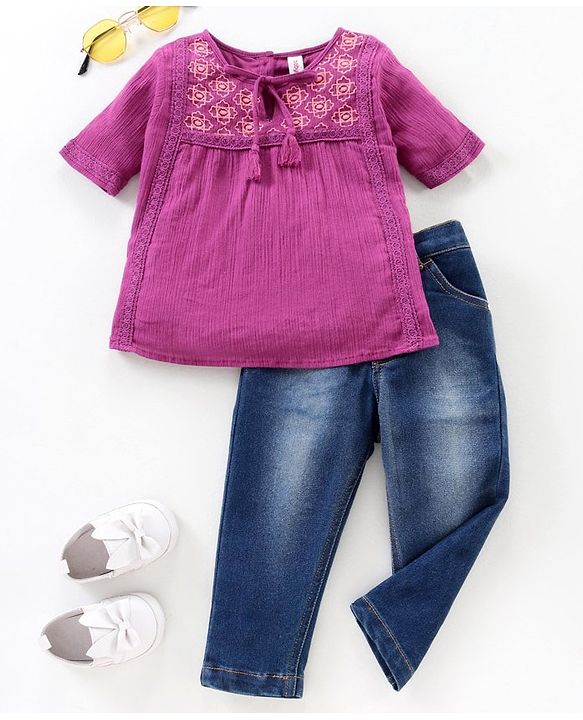 Babyhug Half Sleeves Top & Washed Jeans Embroidered & Geometric Print - Wine Blue