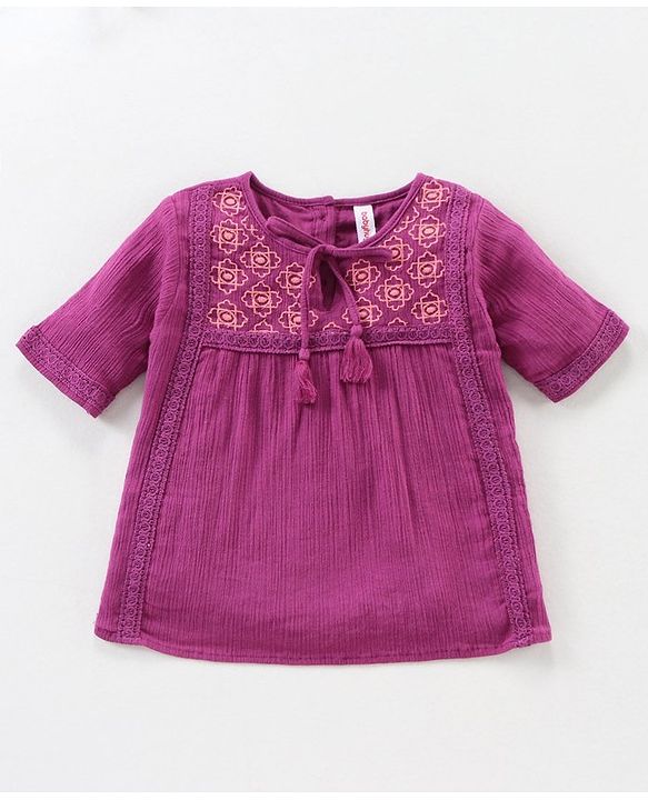 Babyhug Half Sleeves Top & Washed Jeans Embroidered & Geometric Print - Wine Blue