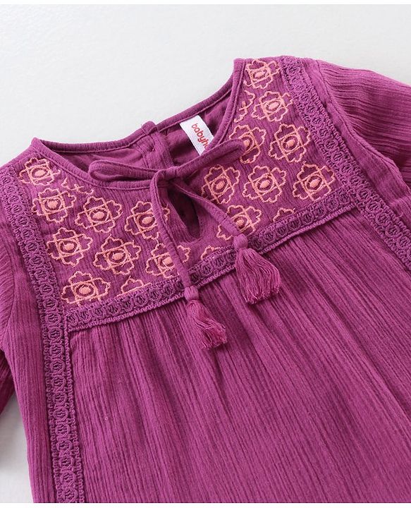 Babyhug Half Sleeves Top & Washed Jeans Embroidered & Geometric Print - Wine Blue