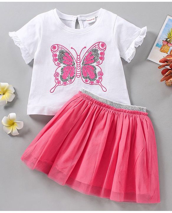 Babyhug Short Sleeves Top & Skirt Sequin Butterfly Embroidery - White Fuchsia