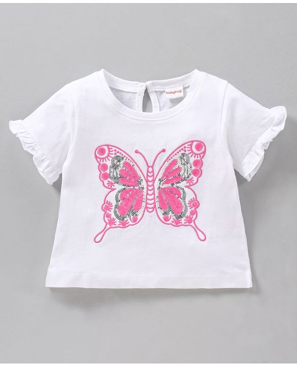 Babyhug Short Sleeves Top & Skirt Sequin Butterfly Embroidery - White Fuchsia