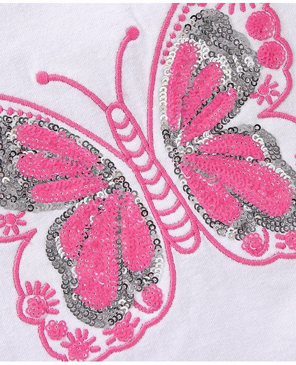 Babyhug Short Sleeves Top & Skirt Sequin Butterfly Embroidery - White Fuchsia