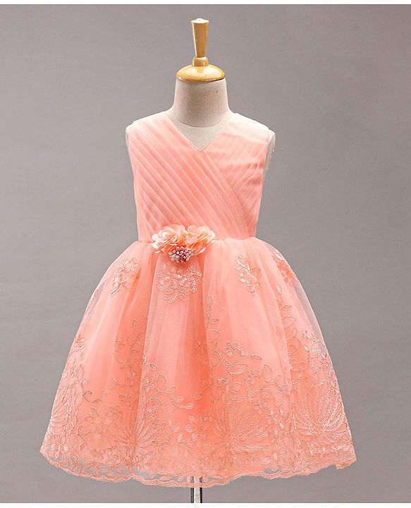 Babyhug Sleeveless Party Wear Frock Floral Appliques  - Peach