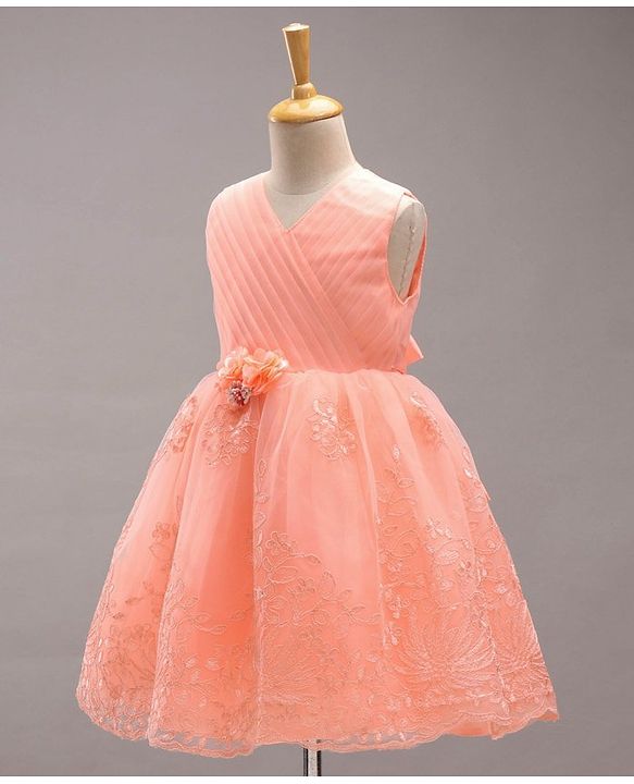 Babyhug Sleeveless Party Wear Frock Floral Appliques  - Peach