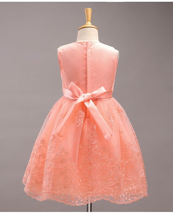 Babyhug Sleeveless Party Wear Frock Floral Appliques  - Peach