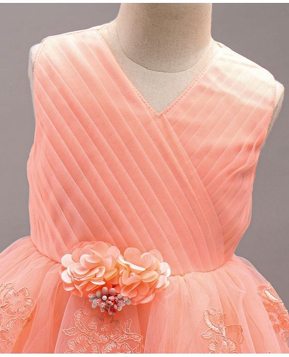 Babyhug Sleeveless Party Wear Frock Floral Appliques  - Peach
