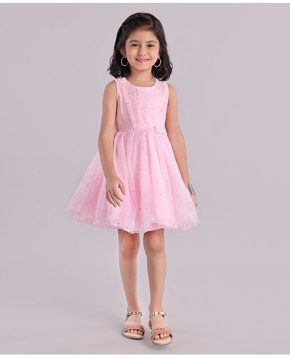 Babyhug Sleeveless Fit and Flare Embellished Party Frock with Corsage and Dots Foil Print - Pink