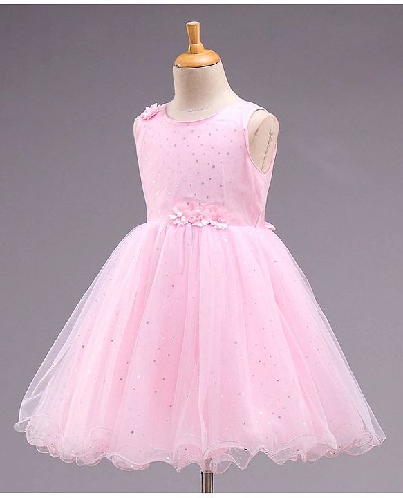 Babyhug Sleeveless Fit and Flare Embellished Party Frock with Corsage and Dots Foil Print - Pink