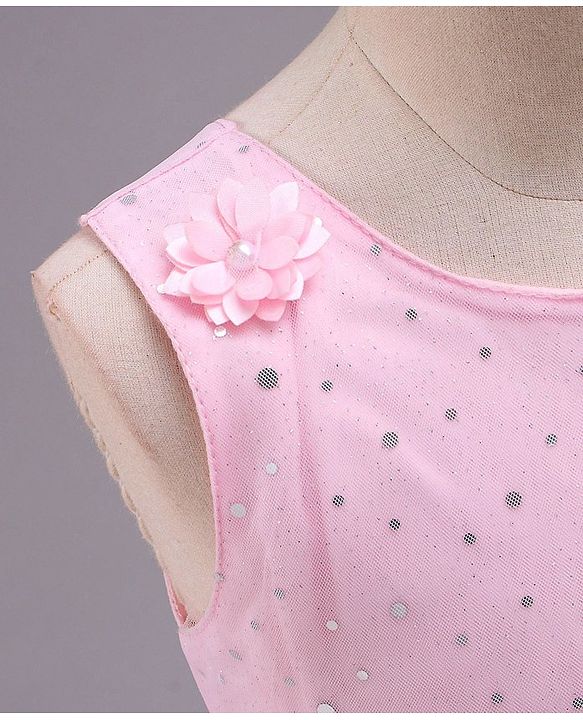 Babyhug Sleeveless Fit and Flare Embellished Party Frock with Corsage and Dots Foil Print - Pink
