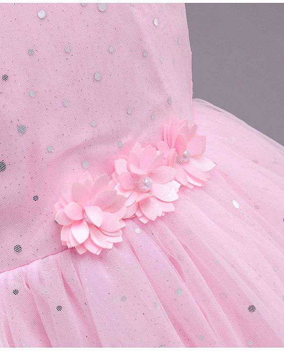 Babyhug Sleeveless Fit and Flare Embellished Party Frock with Corsage and Dots Foil Print - Pink