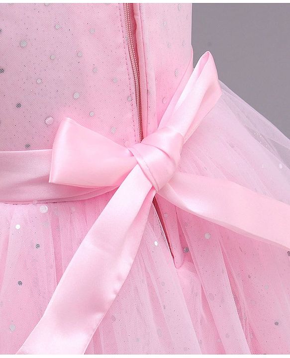Babyhug Sleeveless Fit and Flare Embellished Party Frock with Corsage and Dots Foil Print - Pink