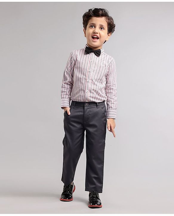 Babyhug Full Sleeves Striped Shirt & Trouser Set with Bow - Grey Navy