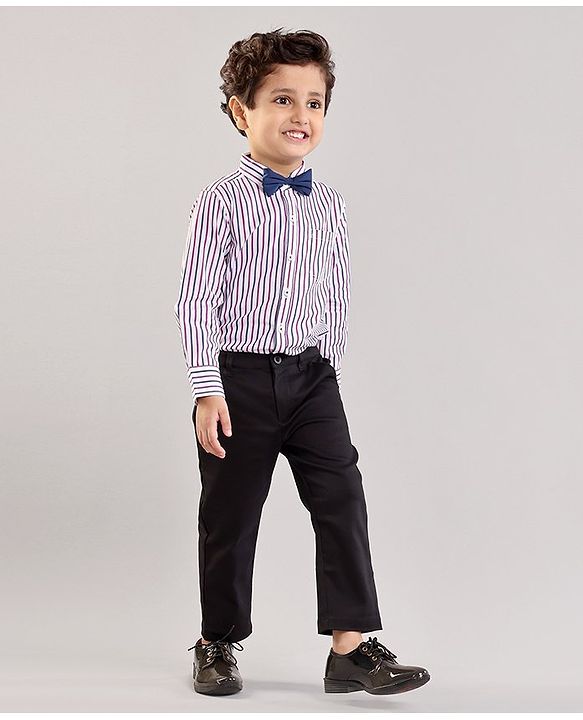 Babyhug Party Wear Full Sleeves Stripe Shirt & Trouser With Bow - Black White
