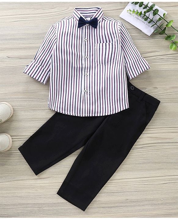Babyhug Party Wear Full Sleeves Stripe Shirt & Trouser With Bow - Black White