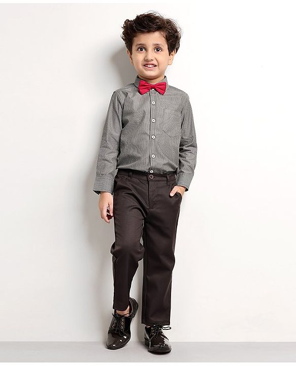 Babyhug Full Sleeves Shirt & Trouser with Bow - Grey