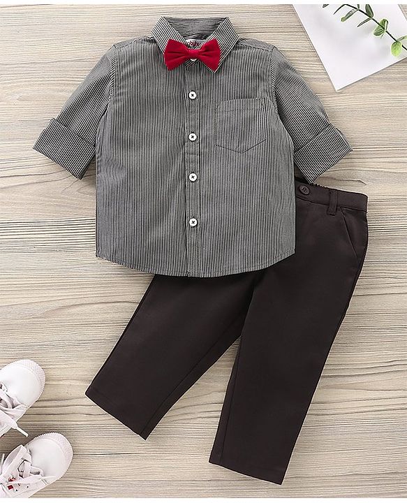 Babyhug Full Sleeves Shirt & Trouser with Bow - Grey