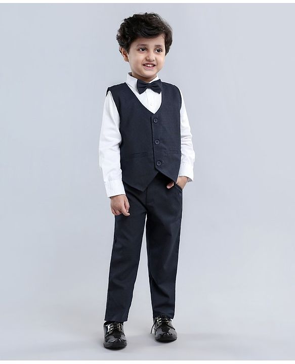 Babyhug Full Sleeves 3 Piece Party Suit With Bow - Navy Blue