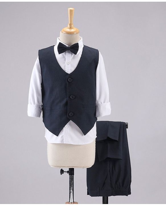 Babyhug Full Sleeves 3 Piece Party Suit With Bow - Navy Blue