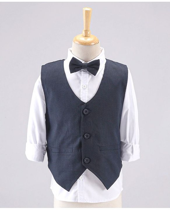 Babyhug Full Sleeves 3 Piece Party Suit With Bow - Navy Blue