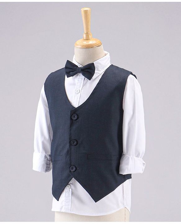 Babyhug Full Sleeves 3 Piece Party Suit With Bow - Navy Blue