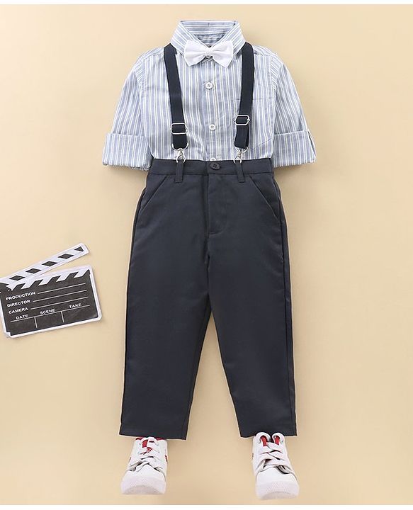 Babyhug Full Sleeves Shirt & Trouser with Suspenders Set & Bow - Sky Blue