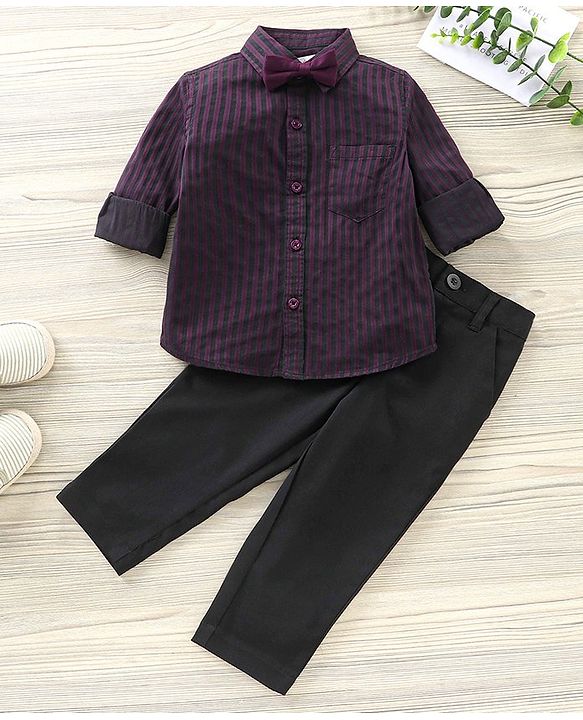 Babyhug Party Wear Full Sleeves Stripe Shirt & Trouser With Bow - Black Purple