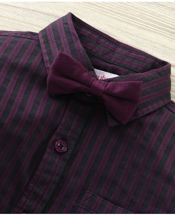 Babyhug Party Wear Full Sleeves Stripe Shirt & Trouser With Bow - Black Purple