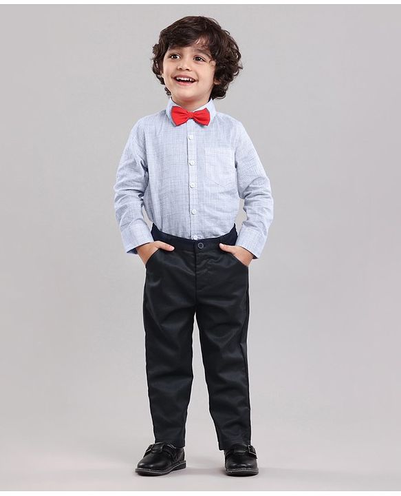Babyhug Full Sleeves Shirt with Bow and Trouser with Suspenders Set - Blue