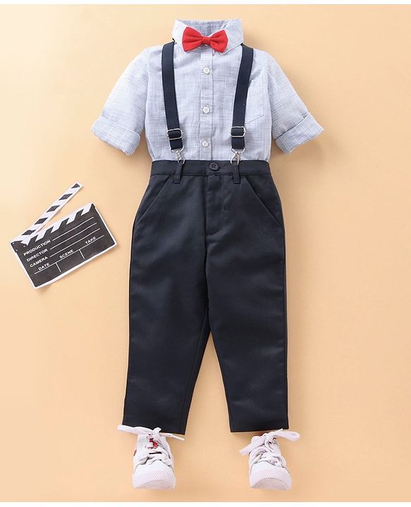 Babyhug Full Sleeves Shirt with Bow and Trouser with Suspenders Set - Blue