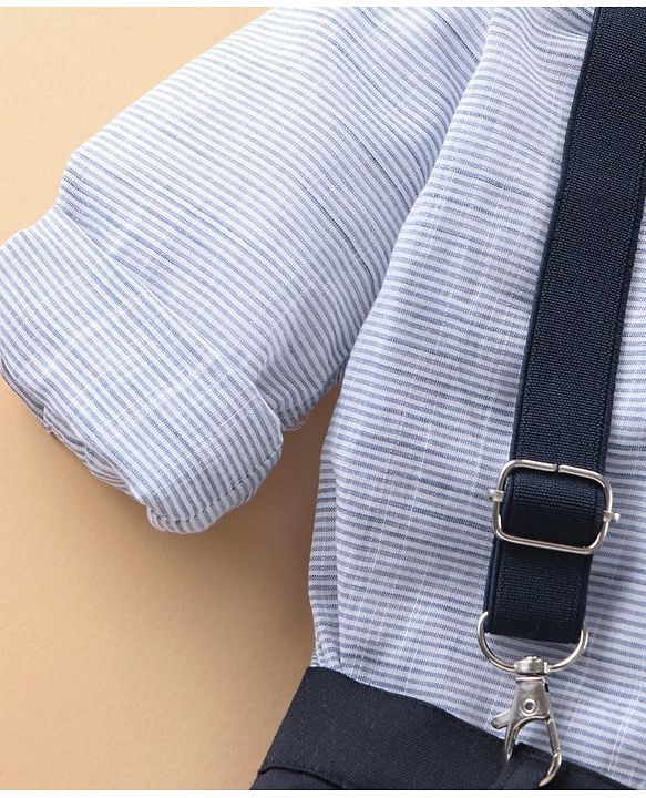 Babyhug Full Sleeves Shirt with Bow and Trouser with Suspenders Set - Blue