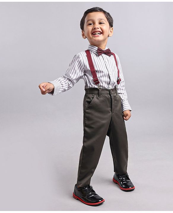 Babyhug Full Sleeves Shirt & Trouser with Suspenders Set - Brown