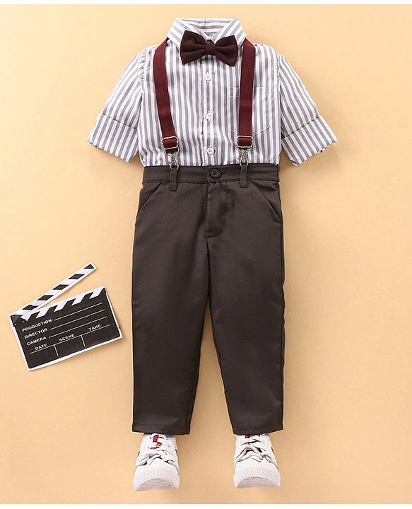 Babyhug Full Sleeves Shirt & Trouser with Suspenders Set - Brown