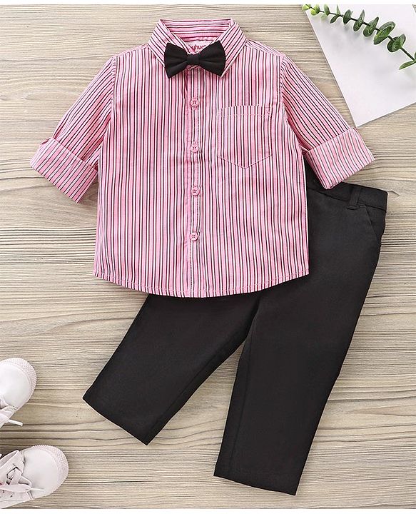 Babyhug Full Sleeves Striped Shirt & Trouser with Bow - Pink Black