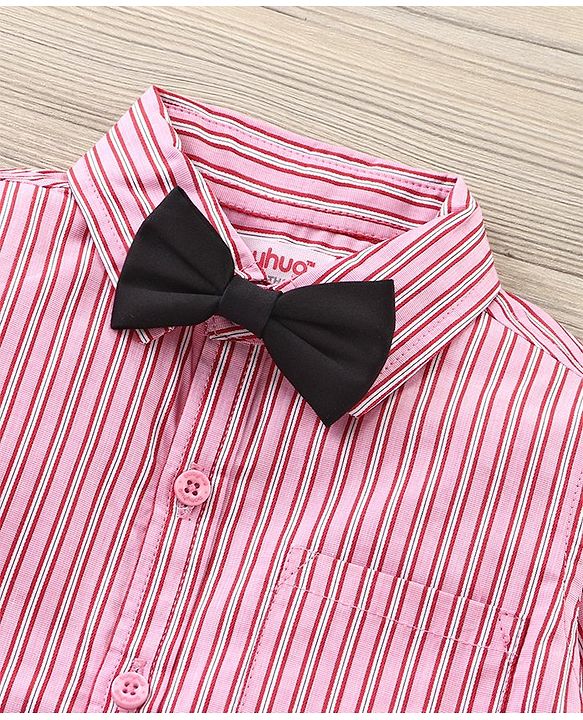 Babyhug Full Sleeves Striped Shirt & Trouser with Bow - Pink Black
