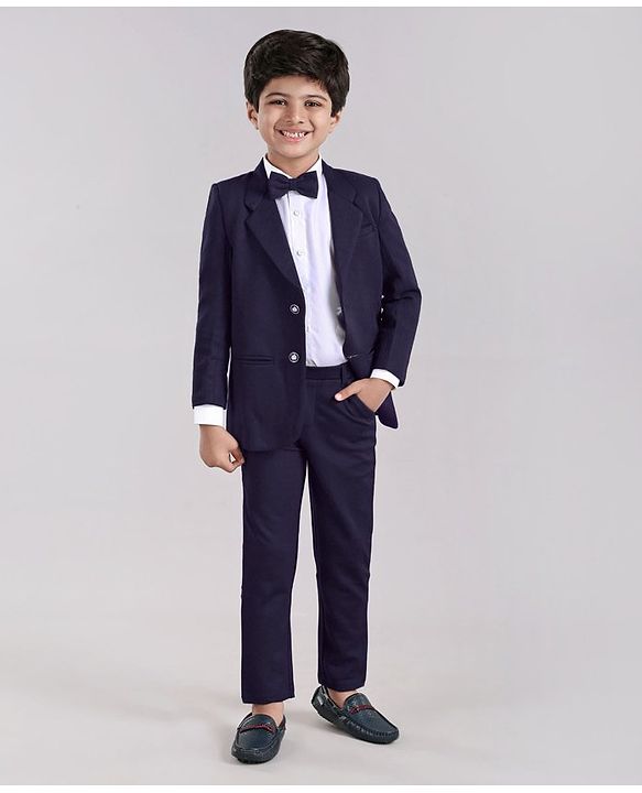 Babyhug Full Sleeves 3 Piece Party Suit With Bow Tie - Navy