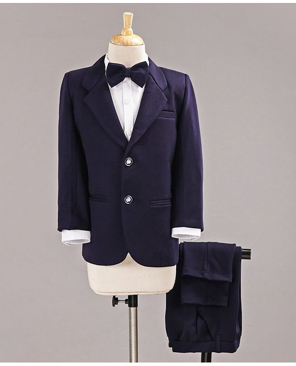 Babyhug Full Sleeves 3 Piece Party Suit With Bow Tie - Navy