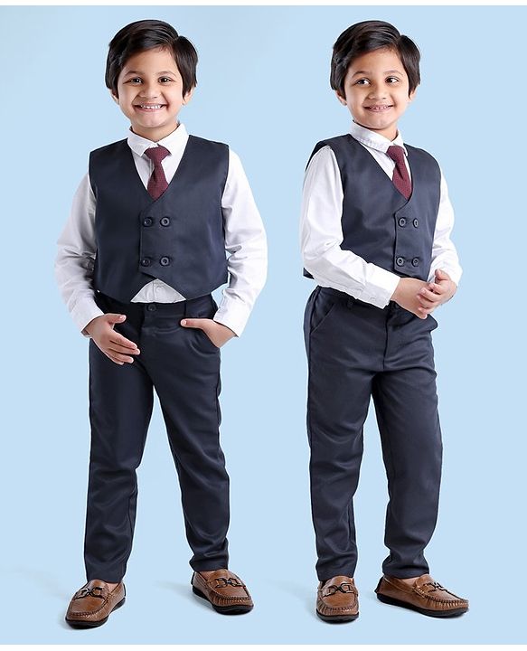 Babyhug Full Sleeves Party Suit With Tie & Jacket Solid- Blue