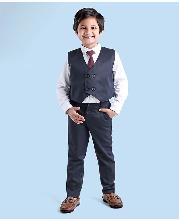 Babyhug Full Sleeves Party Suit With Tie & Jacket Solid- Blue
