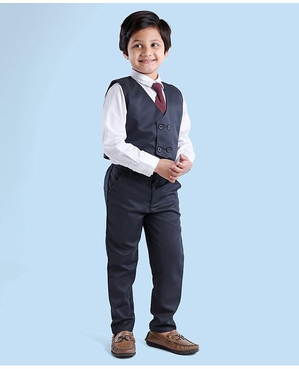 Babyhug Full Sleeves Party Suit With Tie & Jacket Solid- Blue
