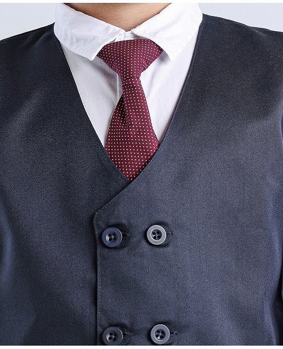 Babyhug Full Sleeves Party Suit With Tie & Jacket Solid- Blue