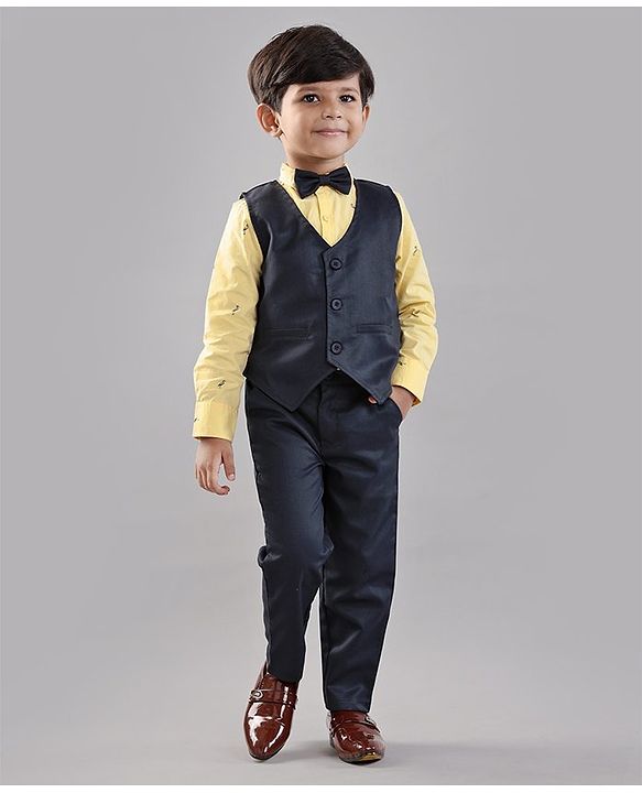 Babyhug Full Sleeves Party Suit with Bow Bird Print - Yellow Navy